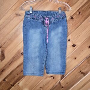 Vintage 90s Jordache Girls Sz 12 Capri Pants Embroidered Floral Lace‎ Up
